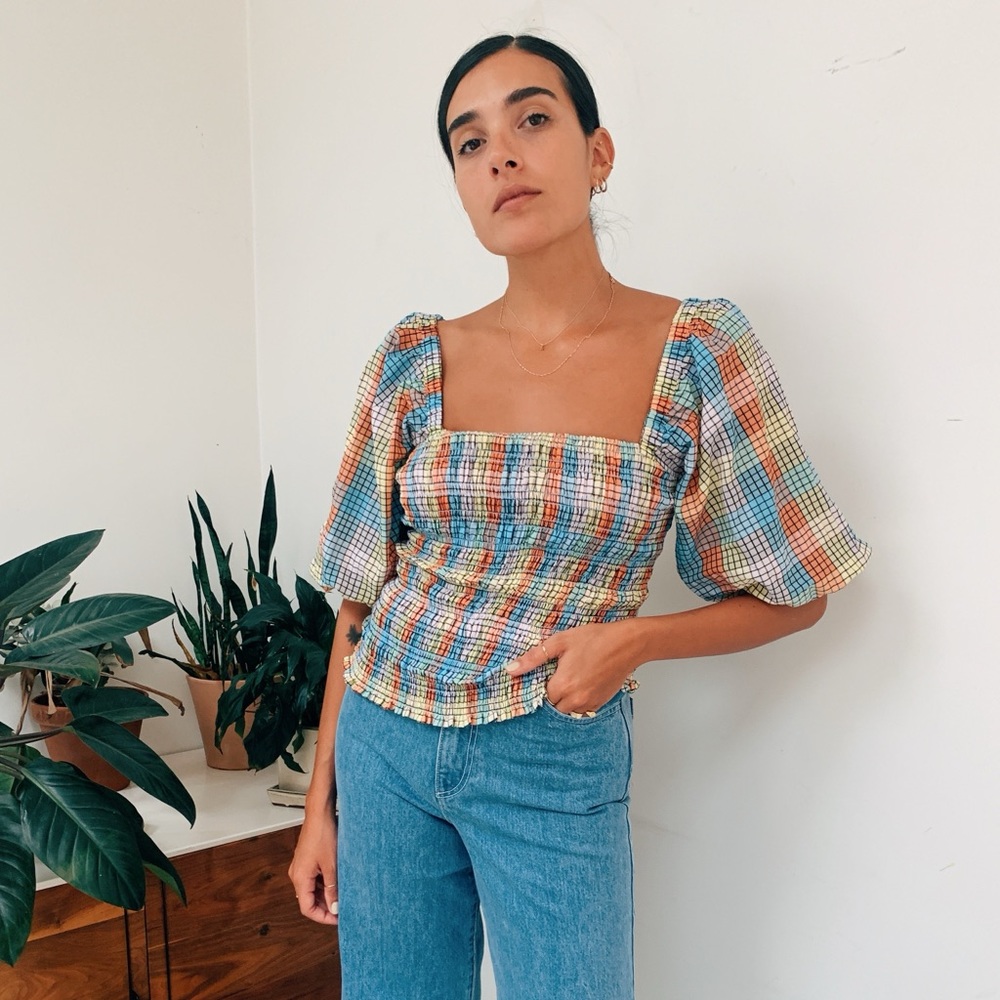 GANNI Rainbow Smock Check Top